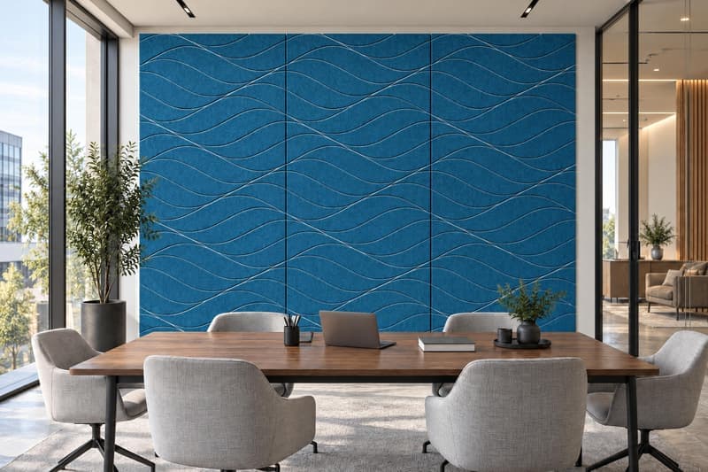 Glide, tres paneles en azul revistiendo el muro de una sala de juntas