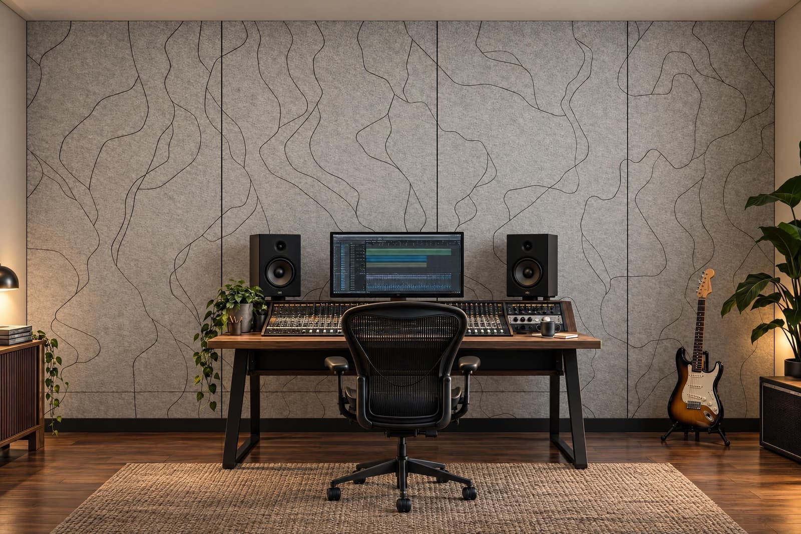 Slate, Grabación y podcast, Estudio de música, muro completo, render IA