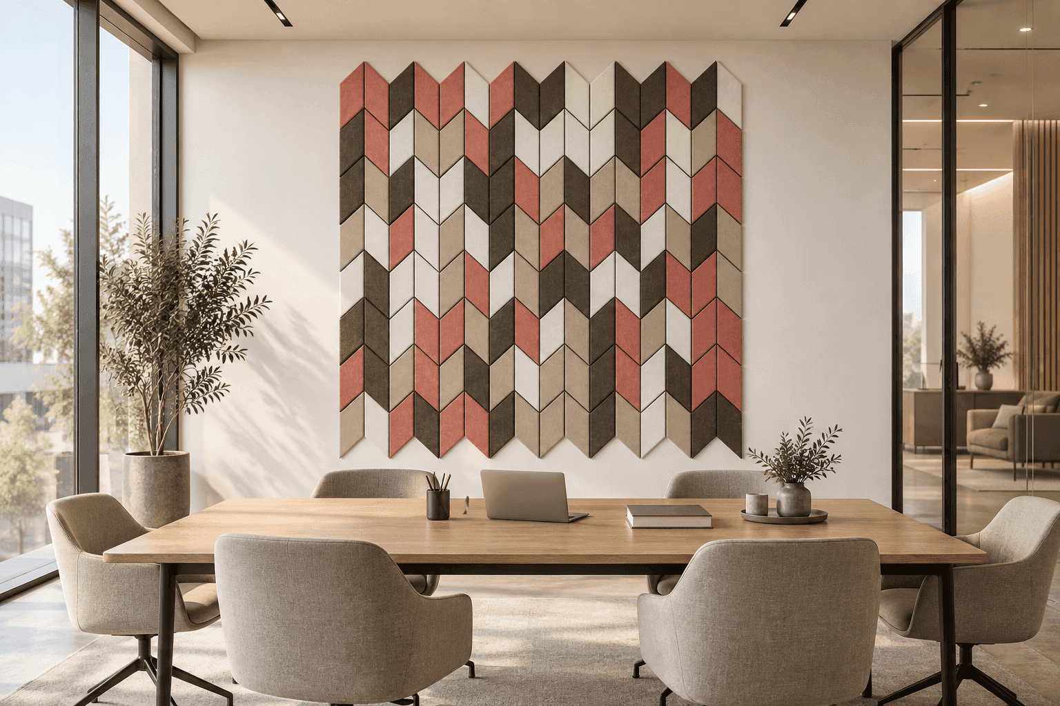 Sweep en chevrón vertical a cuatro tonos, como composición en una sala de juntas