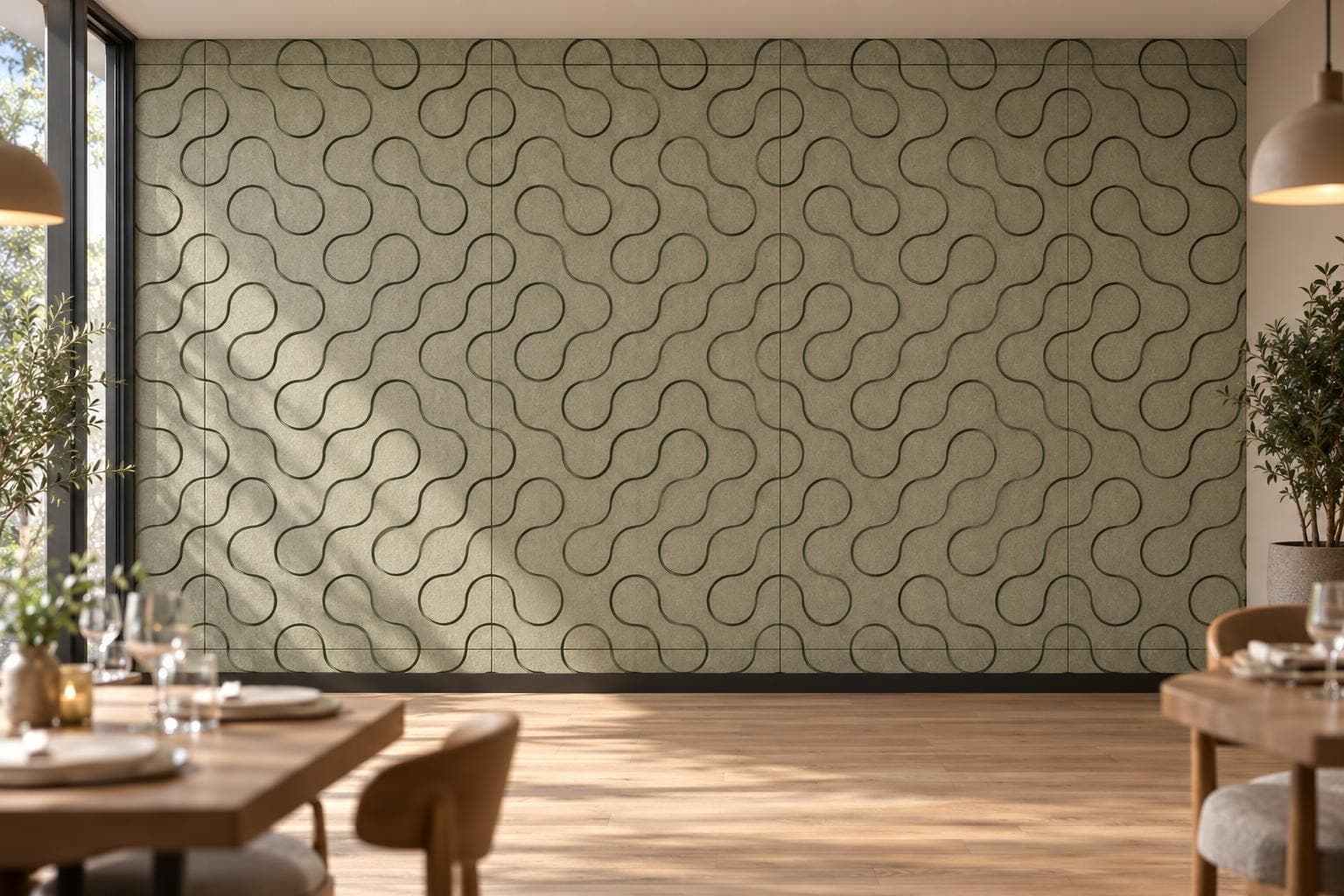 Traverse de frente, en un restaurante contemporáneo, render ambientado desde el configurador